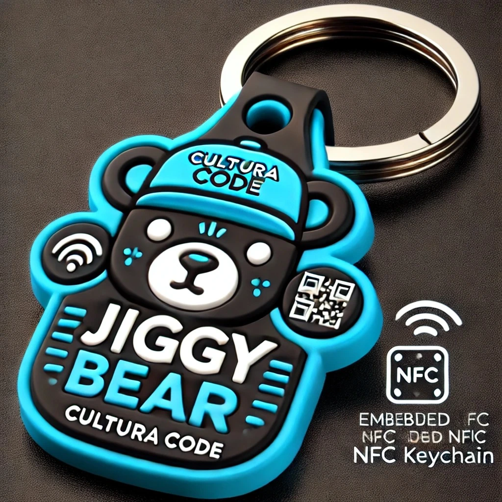 A stylish Jiggy Bear keychain with embedded NFC and QR code for smart access.
